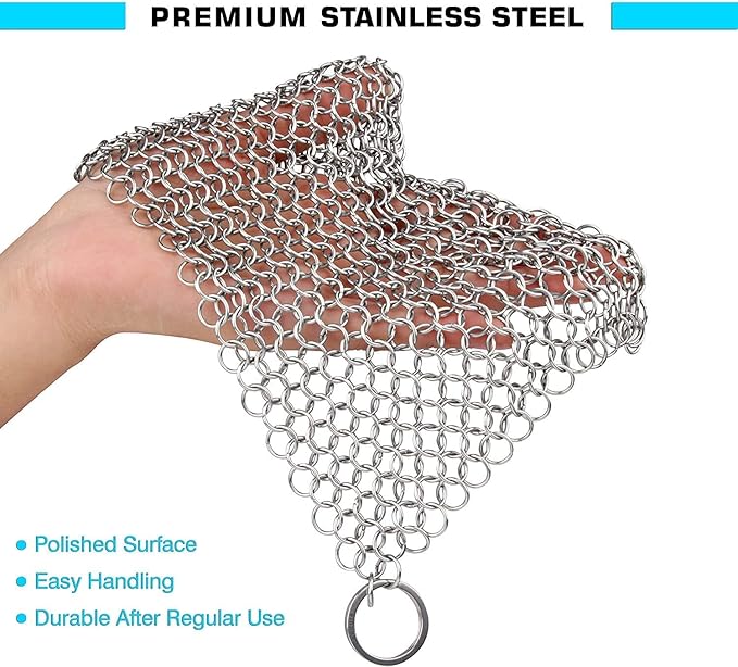 Scrubber Chainmail - Cleaner for Cast Iron Stainless Steel Anodized Cookware Scraper Cleaning Dutch Ovens Scourer for All Types of Skillet Griddles Cast Iron Pans Pots Grills & Dutch Ovens By Krisp