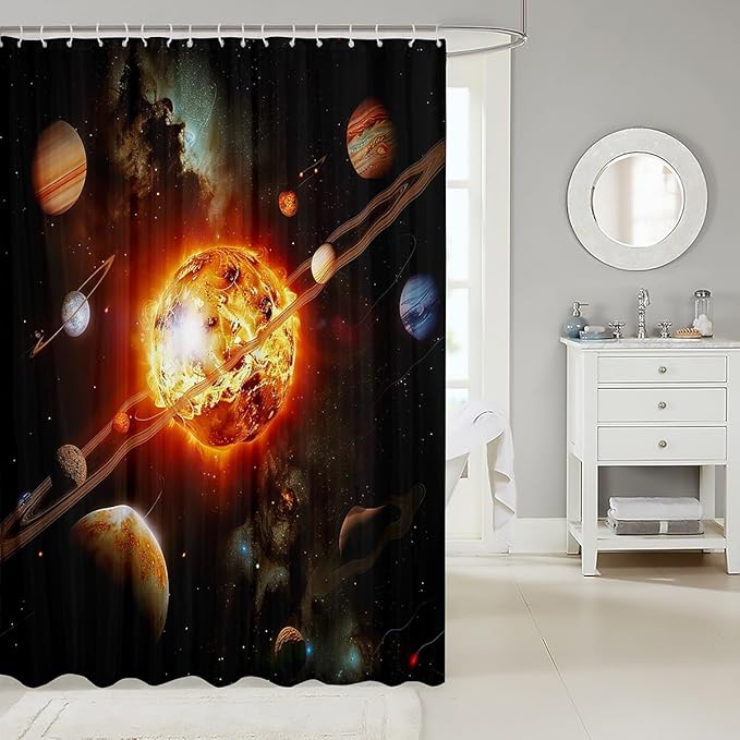 Solar System Bath Curtain Outer Space Shower Curtain for Kids Universe Planets Bathroom Shower Curtain Set Waterproof Decor Cosmos Orange Blue Kids Bathroom Accessories 72"x78"