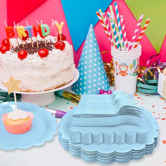Light Blue Paper Plates and Napkins,7 Inch Baby Blue Scalloped Disposable Dessert Plates Paper Napkin Fork Party Supplies for Wedding Baby Shower Birthday(25 Guest)