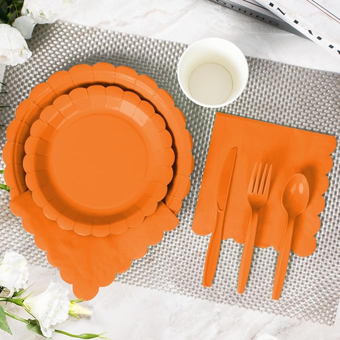 Vyntra 350 Pcs Orange Disposable Paper Plates and Napkins Set for 50, 9" Dinner Plates & 7" Dessert Plates, Tableware for Halloween, Fall Party, Birthday, Picnic