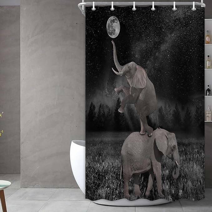 Boziqr Funny Shower Curtains for Bathroom, Cute Elephant Moon Forest Bath Curtain, Rustic Farmhouse Decor Polyester Fabric Fun Cool Animals Black 36 x 70 Inches