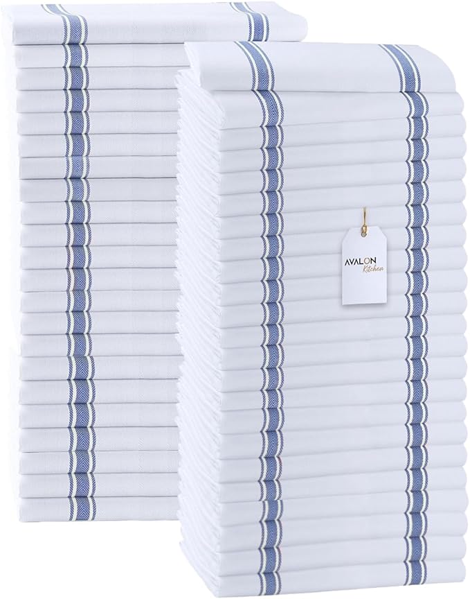 Avalon Kitchen Dish Towels Set (Value Pack of 45) Size 15x25 Inch, 100% Cotton Soft & Absorbent Kitchen Towels, Tea Towels, Reusable Cleaning Cloths for Household Cleaning (Blue)