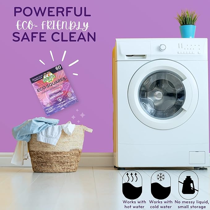 Eco-Gals Eco-Squares laundry detergent sheets with zero waste dry soap technology for cleaning linen and clothes in regular and high efficiency top and front load washing machines, Lavender