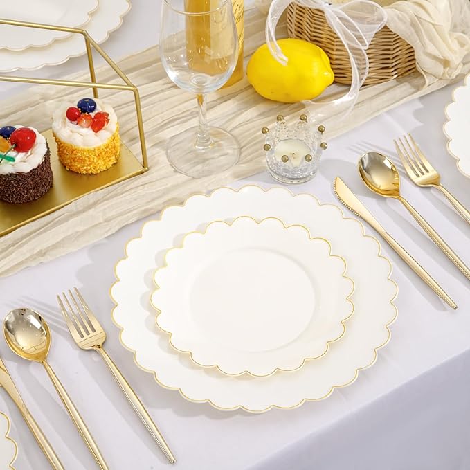 LIYH 120 Pcs Ivory Scalloped Plastic Plates Disposable - Ivory and Gold Plastic Plates - Gold Fancy Disposable Party Dinner & Dessert Plate for Wedding Birthday