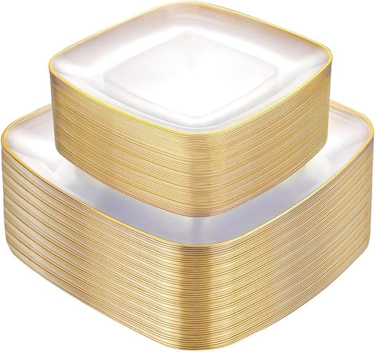 bUCLA 100PCS Clear and Gold Plastic Plates Disposable - Square Gold Heavy Duty - Include 50 Each (Dinner & Dessert) Plates for Party & Thanksgiving