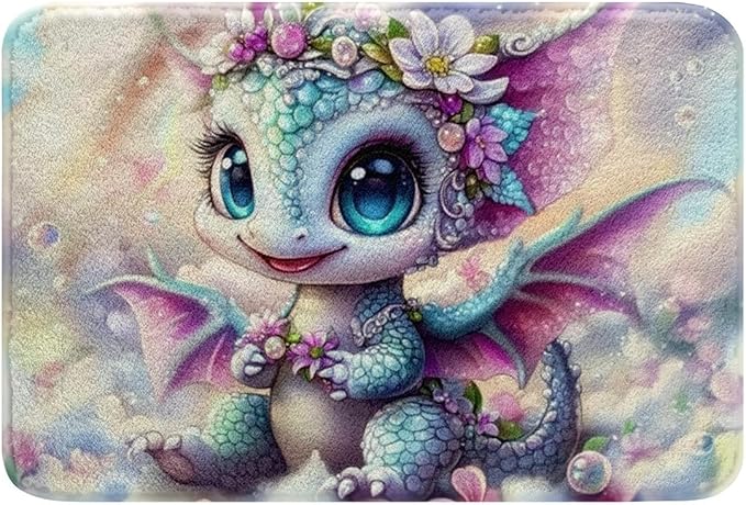 Cartoon Dragon Kids Bath Mats,Western Animal Magical Tale Trippy Mats Rugs for Girls,Flowers Cloud Rainbow Chic Bath Carpets,Blue Pink Cute Bath Rugs,Absorbent Floor Mats,16Wx24L Inches