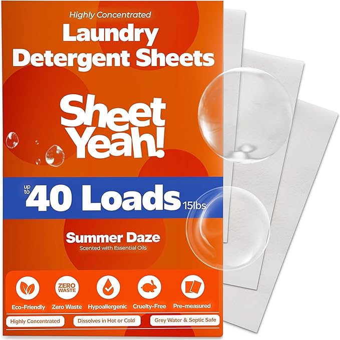 Laundry Detergent Sheets Eco-Friendly, Hypoallergenic, Gentle on Skin, Highly Concentrated, Wash (Summer Daze, 20 Sheets (40 Standard Loads))