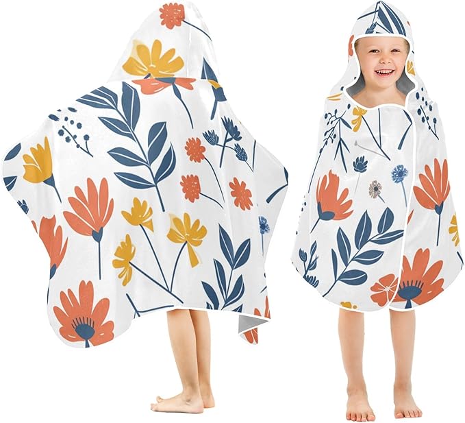 Hooded Towel for Kids Doodle Cute Flowers Beach Wrap Bath Towels 50x23.5in