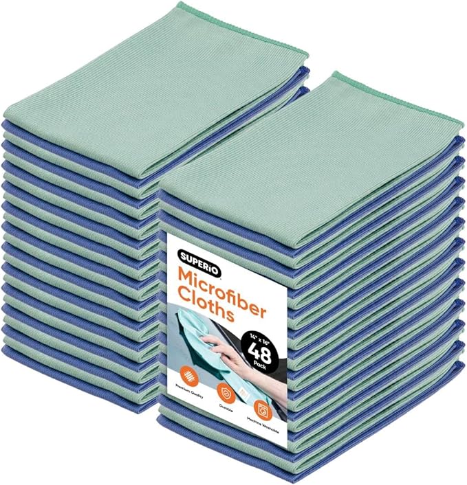 Superio Microfiber Window Cleaning Cloth, Mirror & Glass Miracle Cloth Lint & Streak Free, Washable, Large Eco-Friendly for Cars, Tv Screens, Glasses, Cleans with Plain Water (14x16), 48 Pack
