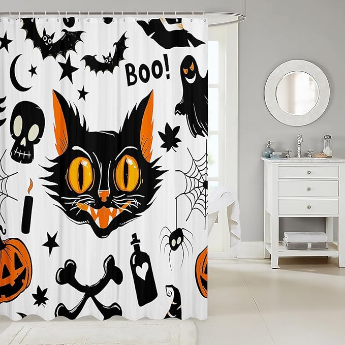 Castle Fairy Halloween Cartoon Cat Shower Curtain,Cat Bat Pumpkin Lantern Spider Web Bath Curtain for Kids Bathroom Decor,Watercolor Moon and Star Print Waterproof Shower Curtain 72" Wx72 L