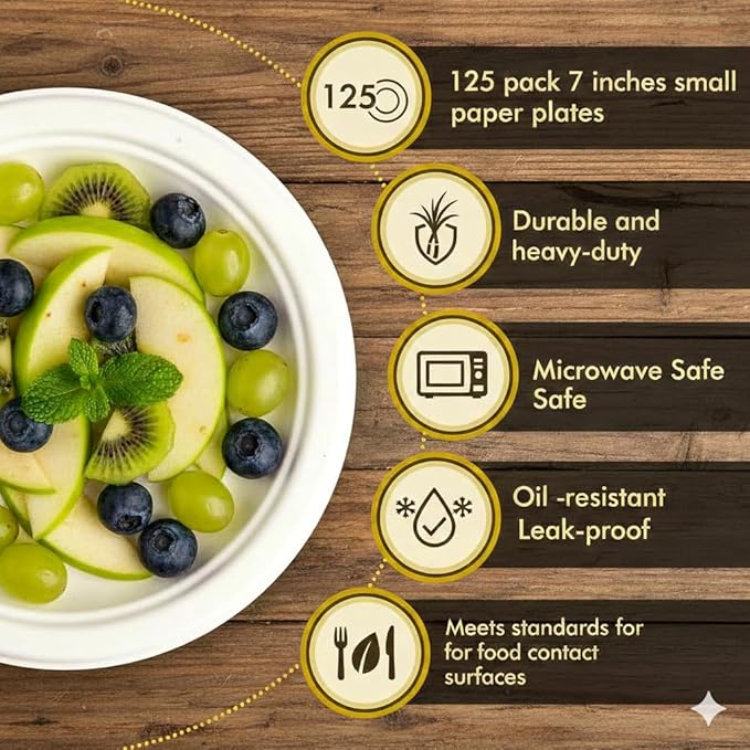 125 Pack 7 inch Paper Plates, Heavy-Duty Disposable Paper Plates 100% Compostable - Biodegradable Bagasse Dessert Plates Bulk for Party, Wedding, Snacks, Natural (7 Inch 125 Pack White)
