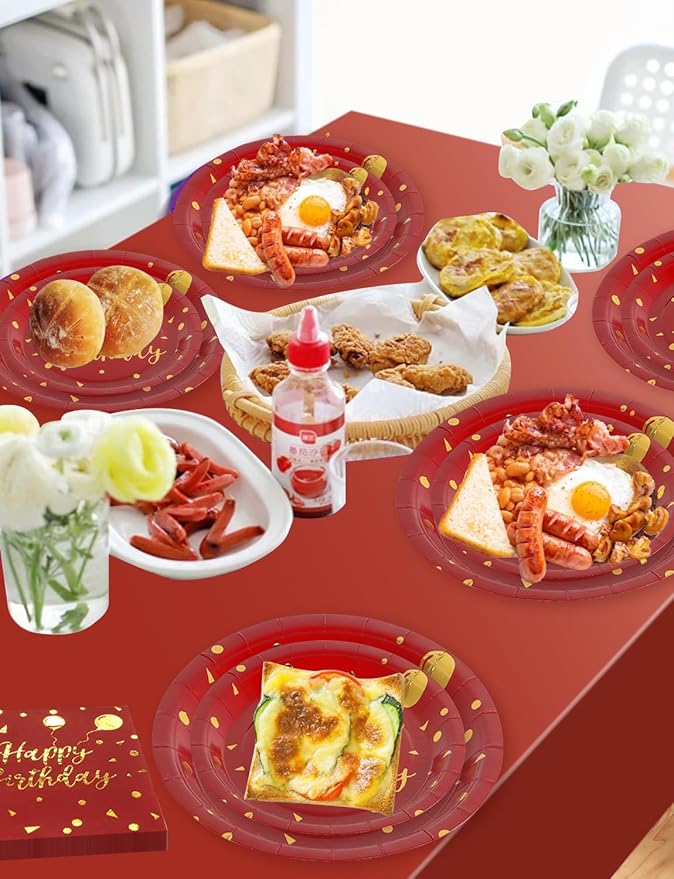 Nkaiso Birthday Plates Party Supplies Set, 161 PCS Burgundy Gold Disposable Party Tableware with Paper Plates Napkins Cups & Silverware, Elegant Birthday Party Plates for Adults, Serves 20