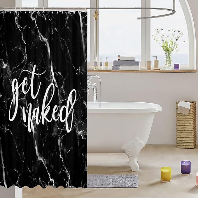Feelyou Black White Marble Shower Curtain for Kids Boys Girls Women Men Get Naked Bath Curtain Funny Quote Bathroom Curtains Room Decor Simple Modern Abstract Waterproof Fabric with Hooks 72x78 Inch