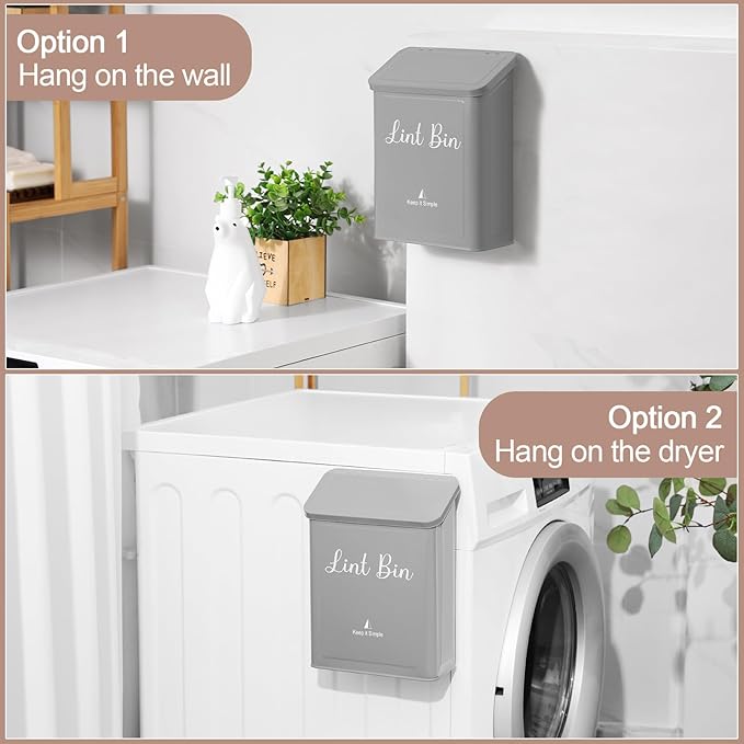 SUBEKYU Metal Magnetic Lint Bin for Laundry Room, Wall Mounted Lint Box Holder with Lid for Dryer,Light Grey