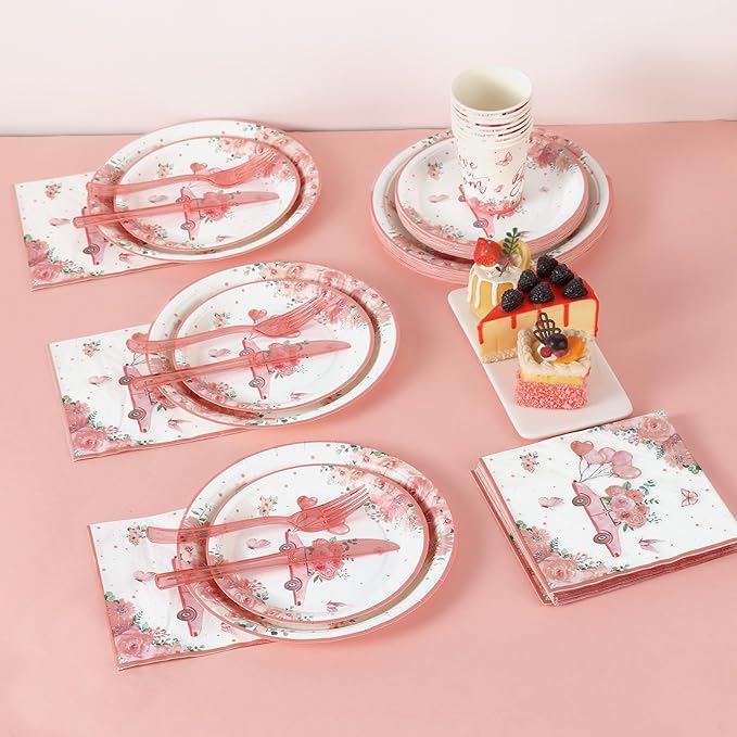 Love in Bloom Bridal Shower Decorations,168pcs Bridal Shower Plates and Napkins Sets Serves 24 for Pink Floral Wedding Party Supplies,Spring Love in Bloom Party Decorations, Baby Girl Shower