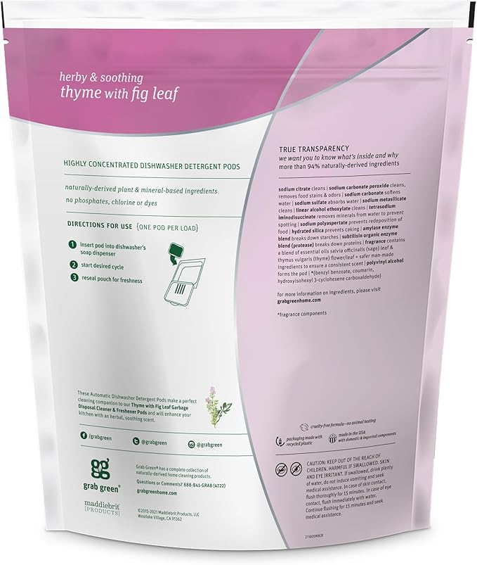 Grab Green Automatic Dishwashing Detergent Pods, 60 Count, Thyme Fig Leaf Scent, Plant and Mineral Based, Superior Cleaning, Powerful Grease Removal, Brilliant Shine