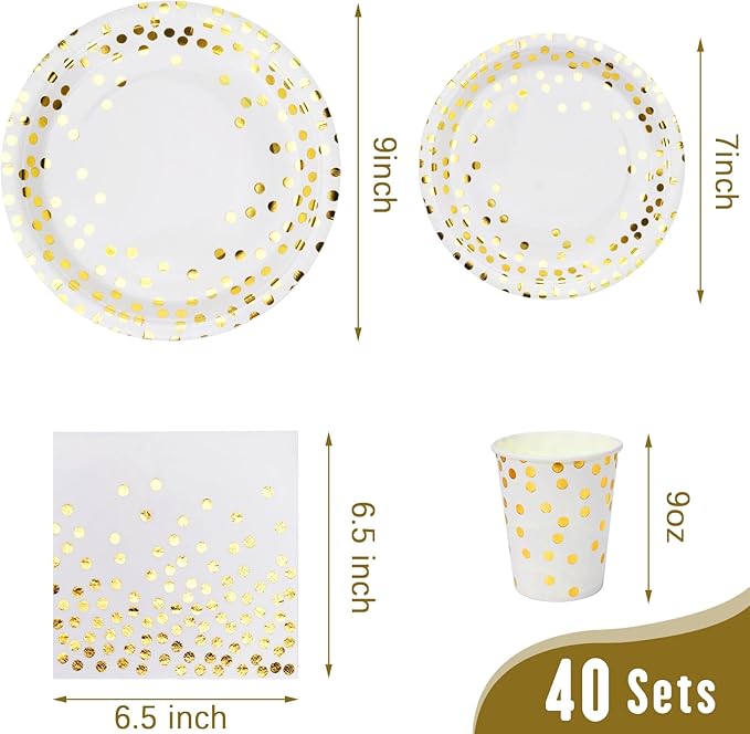 Lzerking Party Supplies Set - 280 Pieces of White and Gold Dot Paper Plates, Cups, Napkins, and Heavy Duty Silverware for 40 Guests for Birthdays, Graduation, Wedding, Festivals