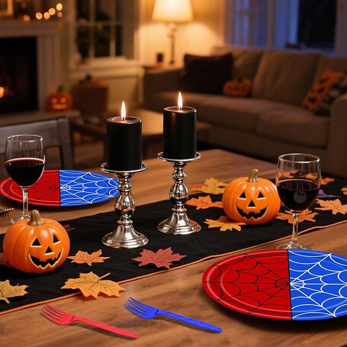 100 Pcs Spider Web Tableware Party Supplies – Disposable Red and Blue Web Paper Plates, Napkins, and Forks for Birthdays, Kids Parties, and Comic Theme Celebrations – Serves 25