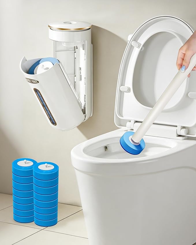 Disposable Toilet Cleaning System, Toilet Bowl Cleaner Wand and 8 Refills, Toilet Brush and Holder Set(Wall Mounted), Bathroom and Toilet Cleaning Scrubber Kit