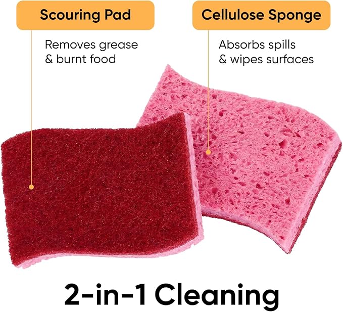 Superio Non-Scratch Cellulose Sponge Kitchen Scrub Sponges with Scouring Pad Set, Good for Non-Stick Cookware Frying Pan, Pot, Counter Top, Sink Scrubbing, Kitchen Scrubbers, Pack of 3, RedPink