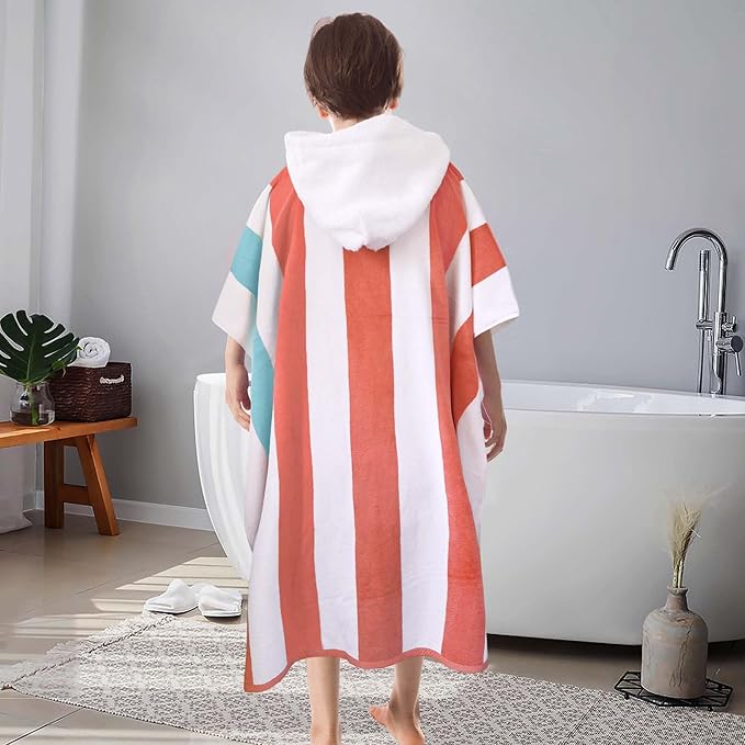 VOOVA & MOVAS Hooded Poncho Towel for Teens Unisex 100% Cotton Retro Bold Beach Pool Swim Cover Up Red White Teal Stripe