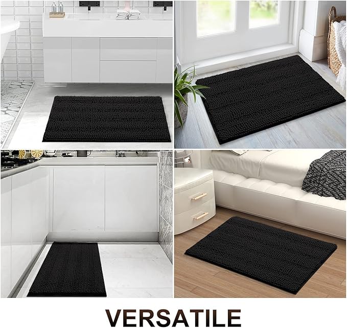 Grandaily Chenille Striped Bathroom Rugs 40x32, Extra Thick and Absorbent Bath Mats, Non-Slip Soft Plush Shaggy Shower Carpet, Machine Wash Dry, Bath Rug for Bathroom, Black