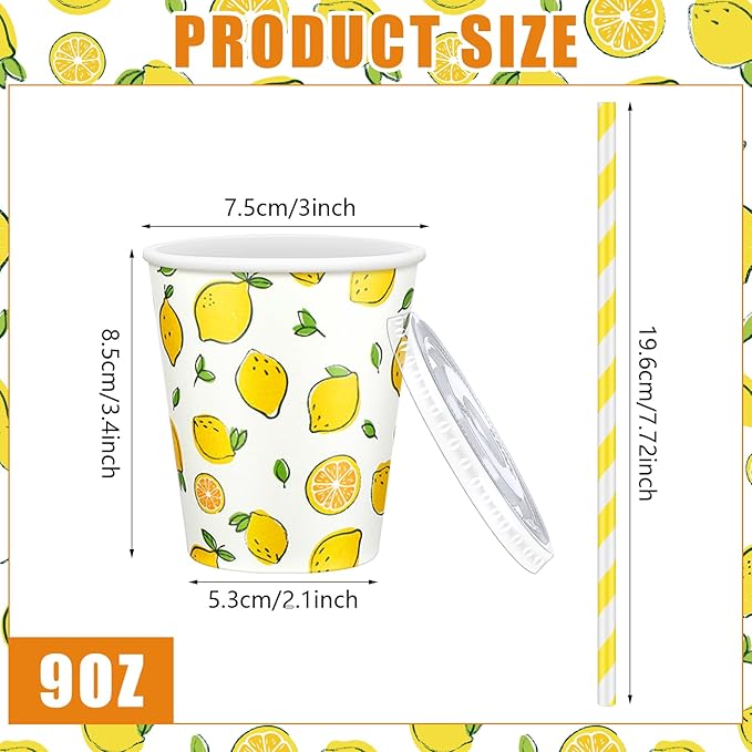 150 Pieces/50 Sets Lemonade Cups with Lids and Paper Straws 9oz Disposable Iced Coffee Paper Cup Summer Citrus Cold Cups for Lemonade Stand Supplies Fruit Party Beverages Drinks Juices