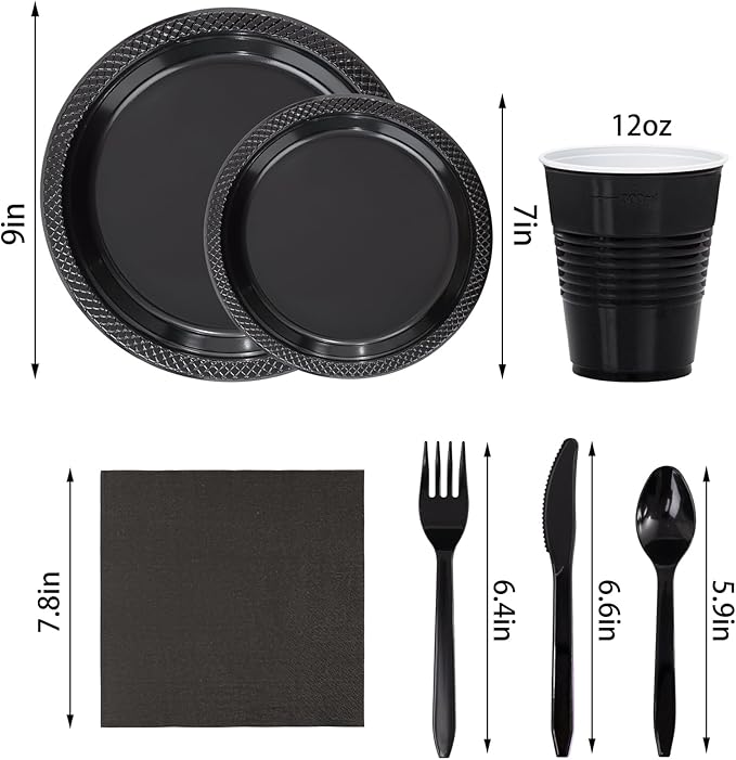 WELLIFE 210 PCS Black Plastic Plates for 30 Guests - Disposable Dinnerware Set Including Dinner Plates, Dessert Plates, 12oz Cups, Cutlery & Napkins, Black Disposable Plates for Party and Birthdays