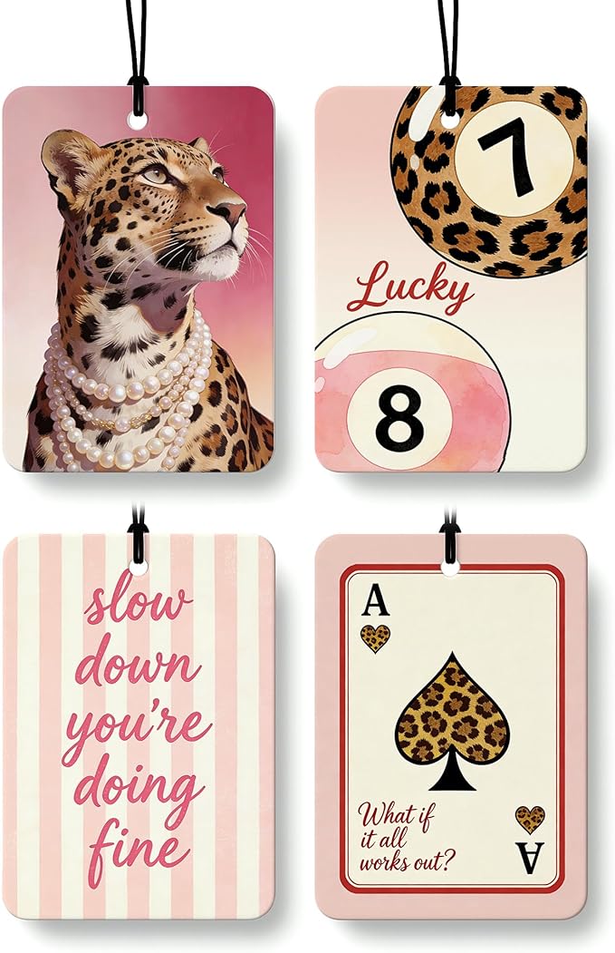 Trendy Pink Leopard Print Orange Citrus Car Air Freshener 4pcs, Girly Y2K Pink Disco Ball Cheetah Lucky 8 Ball Ace Card Hanging Scents Car Accessories Interior Mirror Decor for Girls