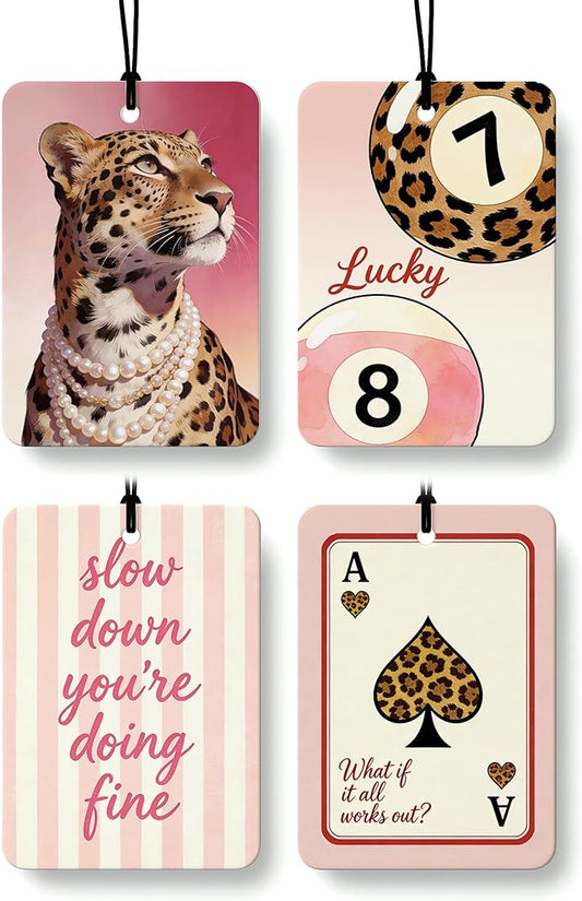 Trendy Pink Leopard Print Orange Citrus Car Air Freshener 4pcs, Girly Y2K Pink Disco Ball Cheetah Lucky 8 Ball Ace Card Hanging Scents Car Accessories Interior Mirror Decor for Girls