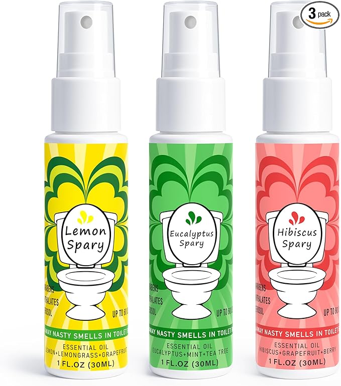 Toilet Spray for Poop 3 Pack, Travel Size Variety, Bathroom Odor Eliminator - Lemon Eucalyptus Hibiscus