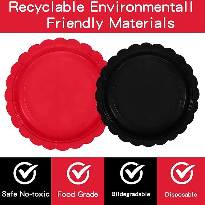 140Pcs Red and Black Party Supplies BlackRed Birthday Scalloped Plates and Napkins CarnivalDisposable Tableware Set for Wedding Fiesta HalloweenBirthday Party supplies Decor Serves 20