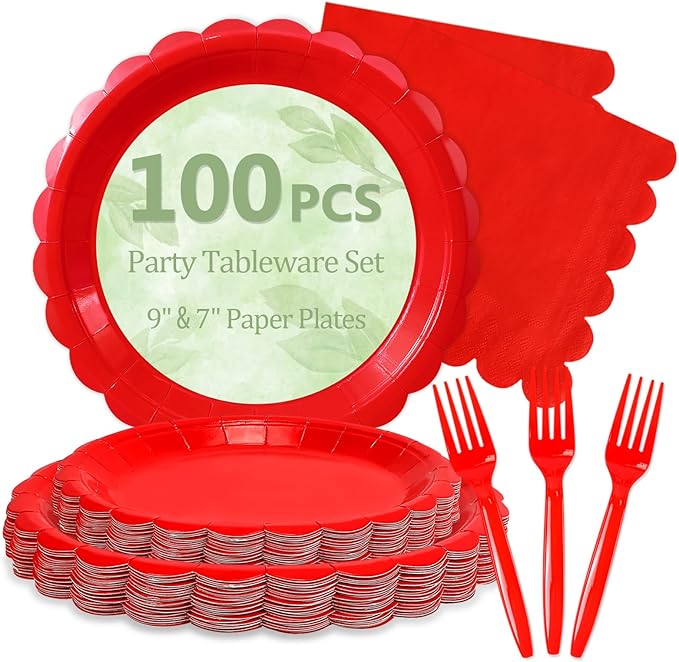 Mulbozy 100 Red Plates and Napkins Disposable Set Includes 25-9" & 25-7" Dessert Cake Scalloped Plates, Cocktail Napkins, Forks for for Holiday Party Supplies