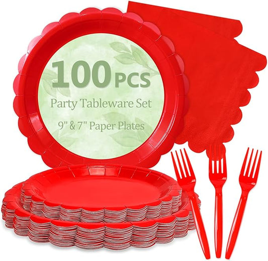 Mulbozy 100 Red Plates and Napkins Disposable Set Includes 25-9" & 25-7" Dessert Cake Scalloped Plates, Cocktail Napkins, Forks for for Holiday Party Supplies