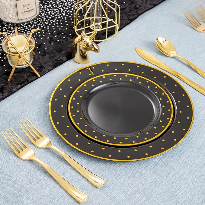 DaYammi 200Pcs Gold and Black Plastic Plates with Silverware,Black Disposable Plates for Party Black Gold Supplies Includes 40 Dinner Plate,40 Dessert Plate,40 Forks,40 Knives,40 Spoons for Party