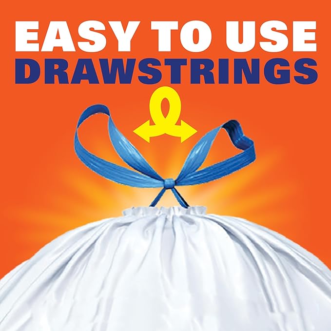 Hefty Strong White 13 Gallon Trash Bags with Drawstrings, Unscented Tall Kitchen Trash Bags, Resists Leaks, Punctures, and Tears, Durable Closure, 120 Ct. (Pack of 3)