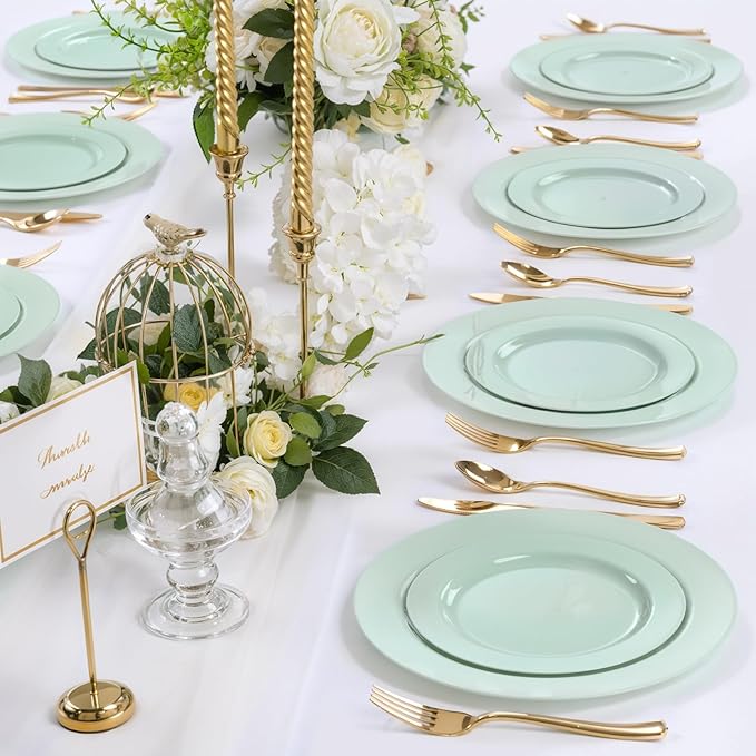 FLOWERCAT 200PCS Sage Green Plastic Plates Disposable Plates for Party - Elegant Plastic Plates - 10" &7" Plate for 100 Guests Spring Parties and Easter & Events