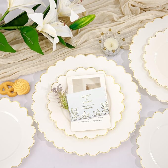 LIYH 120 Pcs Ivory Scalloped Plastic Plates Disposable - Ivory and Gold Plastic Plates - Gold Fancy Disposable Party Dinner & Dessert Plate for Wedding Birthday