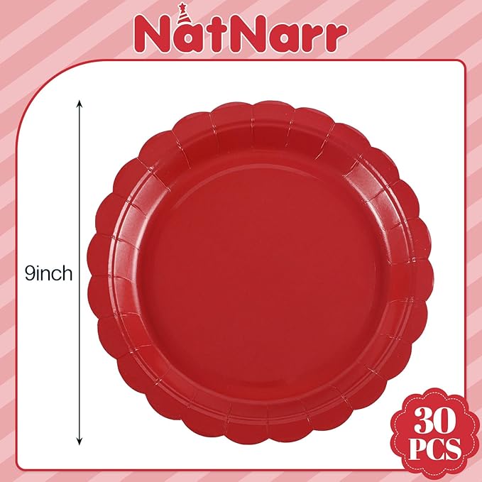 NatNarr 30 Pcs Red Paper Plates 9 Inch Scalloped Red Dessert Dinner Plates Cute Grad Party Plates for 2026 Graduation, Birthday, Picnic