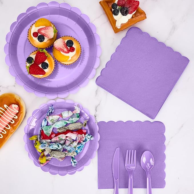 168 Pcs Light Purple Plates and Napkins Set, Purple Party Supplies Include Scalloped Plate Napkins Cups Forks Knives Disposable Plastic Cutlery for Baby Shower, Wedding, Birthday