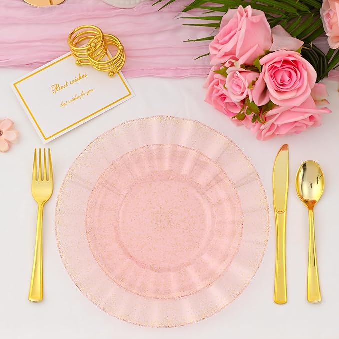 60Pcs Premium Pink Plastic Plates, Fancy Clear Pink and Gold Glitter Disposable Plate, Elegant Wedding Plate Set include 30 Dinner & 30 Dessert Plates for Wedding（30Guests）