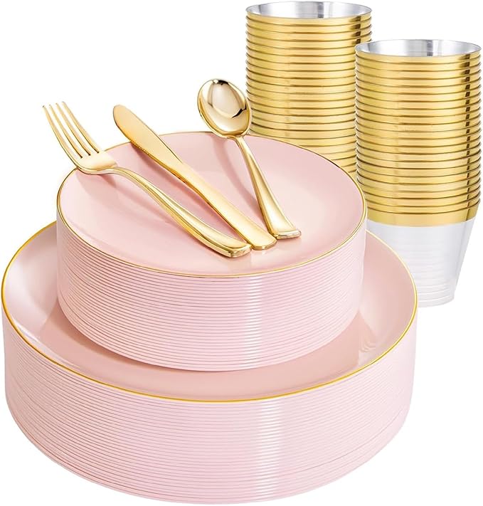 WDF 150Pcs Pink Plates Disposable - Pink and Gold Plastic Plates 25guest Disposable Dinnerware Include 25 Dinner Plate, 25 Dessert Plate, 25 Cutlery & 25 9oz Cups for Baby Shower/Wedding/Birthday