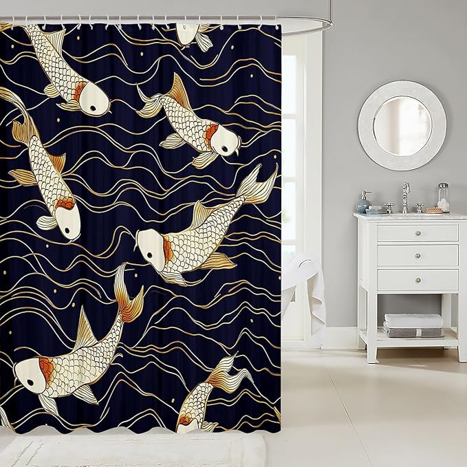 Feelyou Japanese Koi Shower Curtain Kids Japanese Wave Bathroom Shower Curtain Set for Teens Ocean Wave Bath Curtain Waterproof Nautical Marine Sea Wave Theme Blue Kids Bathroom Accessories 72"x78"