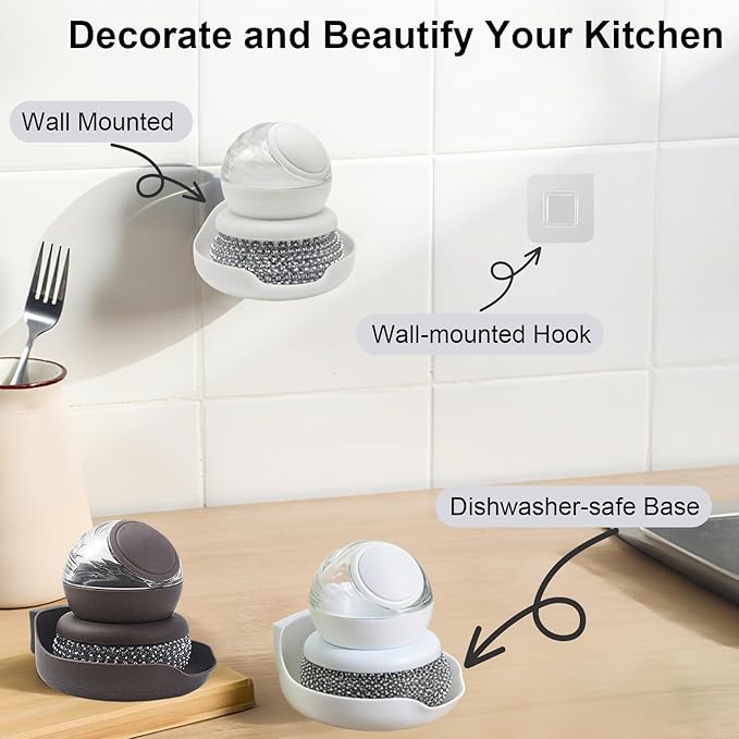 Dish Brush with Soap Dispenser, Steel Wool Scrubber with Replaceable Steel Wool, Pan Scraper and PET Scouring Pad, Wire Brush for Cleaning Cast Iron, Grill Pans, Stock Pots, Grills, Sinks (White)