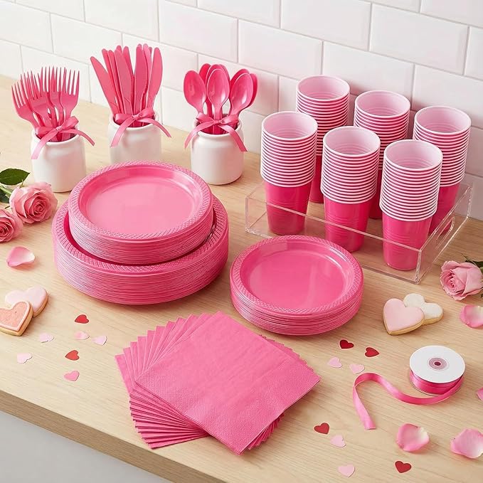 WELLIFE 210Pcs Hot Pink Plates, Disposable Dinnerware Set, Including Hot Pink Plastic plates, 12oz Cups, Plastic Cutlery and Napkins Serve 30 Guests, Plastic Plates for Party and Valentine,Galentines