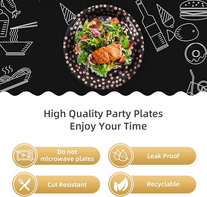 Black & Rose Gold Dots Party Paper Plates, 50 PCS Disposable Party Supplies Dessert Paper Plate for Birthday Wedding Graduation Supplies (7 inches)