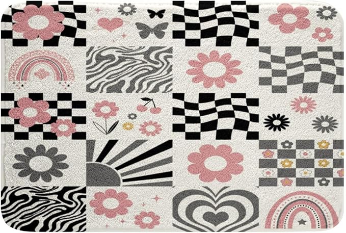 Daisy Flowers Kids Bath Mats,Geometric Plaid Checkered Checkerboard Mats Rugs for Girls,Star Rainbow Stripe Grid Bath Carpets,Black White Chic Bath Rugs,Absorbent Floor Mats,20Wx32L Inches