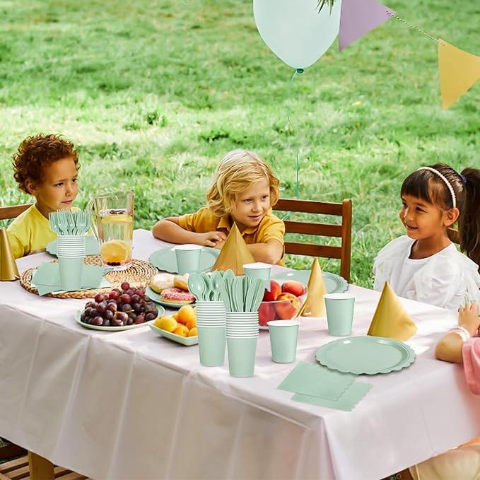 175 Pcs Party Plates and Cups and Napkins Sets, 9" Paper Plates, 7" Dessert Plate, 9oz Cups & Cutlery, 25 Guest Scalloped Sage Green Party Supplies for Wedding, Bridal Baby Shower, Birthday