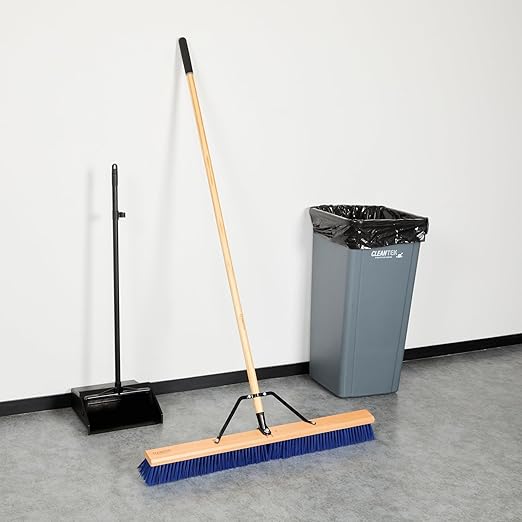 Restaurantware-Clean Tek Professional 36 Inch Push Broom, 1 Heavy-Duty Broom with 60” Handle - Medium Plastic Bristles, Durable, Wooden, Commercial Use, for Deck, Driveway, Garage, Yard, Patio