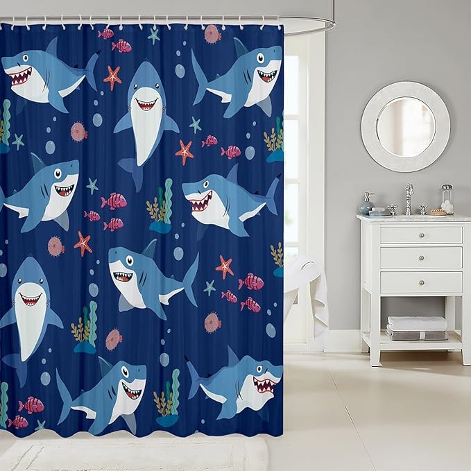 Shark Pattern Waterproof Shower Curtains Luxury Heavy Fabric Bathroom Shower Curtain Cartoon Shark Hotel Home Dorm Bathtubs Decor Shower Curtain Machine Washable Grommet Curtain 72 x 84 Inch